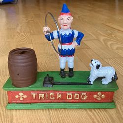 Vintage Cast Iron Trick Dog & Trainer Mechanical Bank Toy Taiwan WORKS!