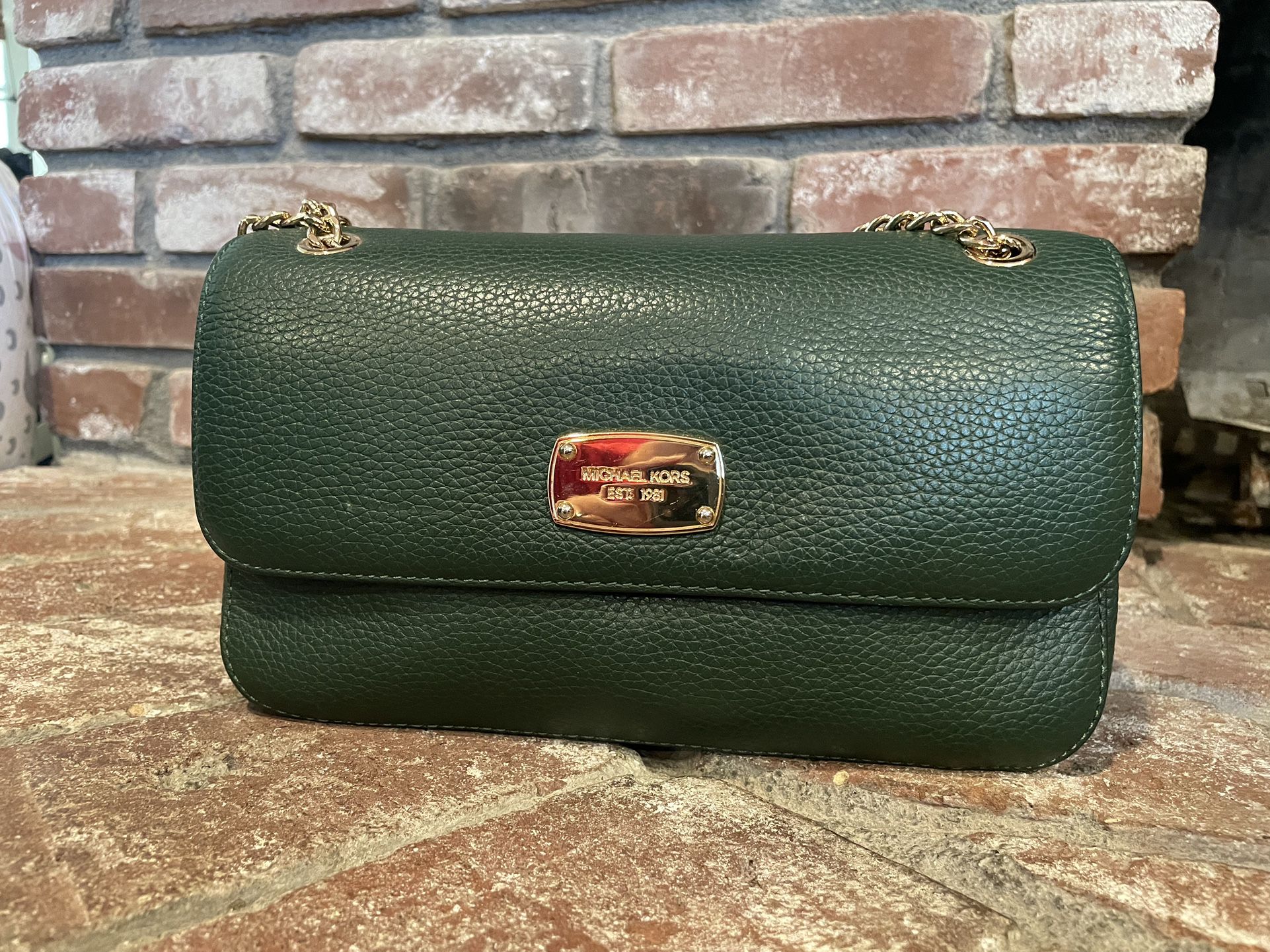 Michael Kors Green Purse With Gold Chain Strap 