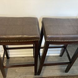Horse Saddle Bar Height Stools Teak Wood With Leather Studded Seats 
