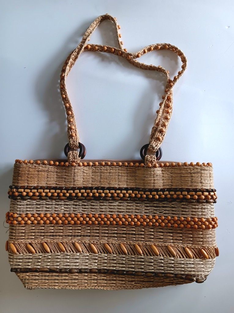 Brown Multi Wooven Strand & Beaded Purse
