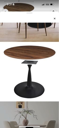 Round Walnut Dining Table with Black Pedestal Base