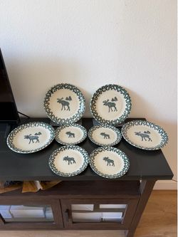 Vintage Tienshan Folk Craft “Moose Country” Lodge Plate Set – 8 Pieces