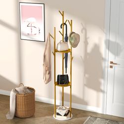 BORWART Metal Gold Coat Rack: 9 High-grade Hooks Tree Hanger with 3 Storage Shelves - Freestanding Coat Racks with Marble Base for Entryway Hall Bedro