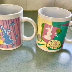 2 Easter Holiday Coffee Mugs Bunny Motif Ceramic Drinking  Cups NEW