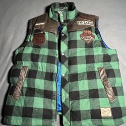 Sabit NYC Vest Mens XL Green Plaid Wool Down Patches Jacket (small Holes)