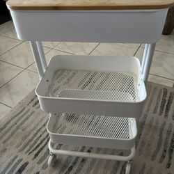 3-Tier White Metal Rolling Cart“  Wood Top/cover