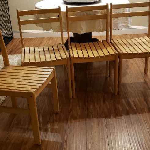 4 Wood Dining Chairs. Made In Thailand By Apple. 