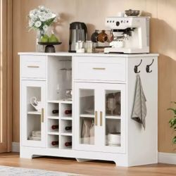 Cabinet with Storage Buffet Table Wine Racks Glass Doors Built-in Power Outlet Modern Kitchen Sideboard 