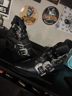 Black Leather Ankle Boots with Silver Buckles
