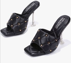 Cape Robbin Cecilla Sexy Quilted Stiletto High Heels, Clear  Heeled Mule, Black Size 7