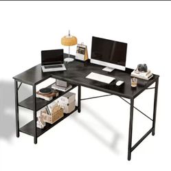 47 Inch L Shaped Computer Desk with Reversible Storage Shelves, Corner Gaming Desk with PC Stand, Home Office Writing Study Table, Sturdy Metal Frame