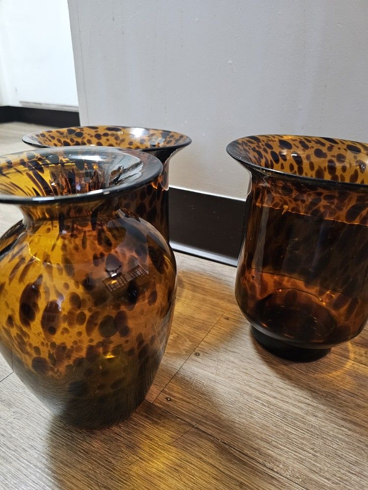 Vintage Hand Blown Amber Tortoise Shell Glass Hurricane Vase Large Candle Holder