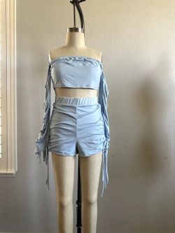 Fashion Nova Off the shoulder Shirt and Shorts Blue Ruched Set Size S