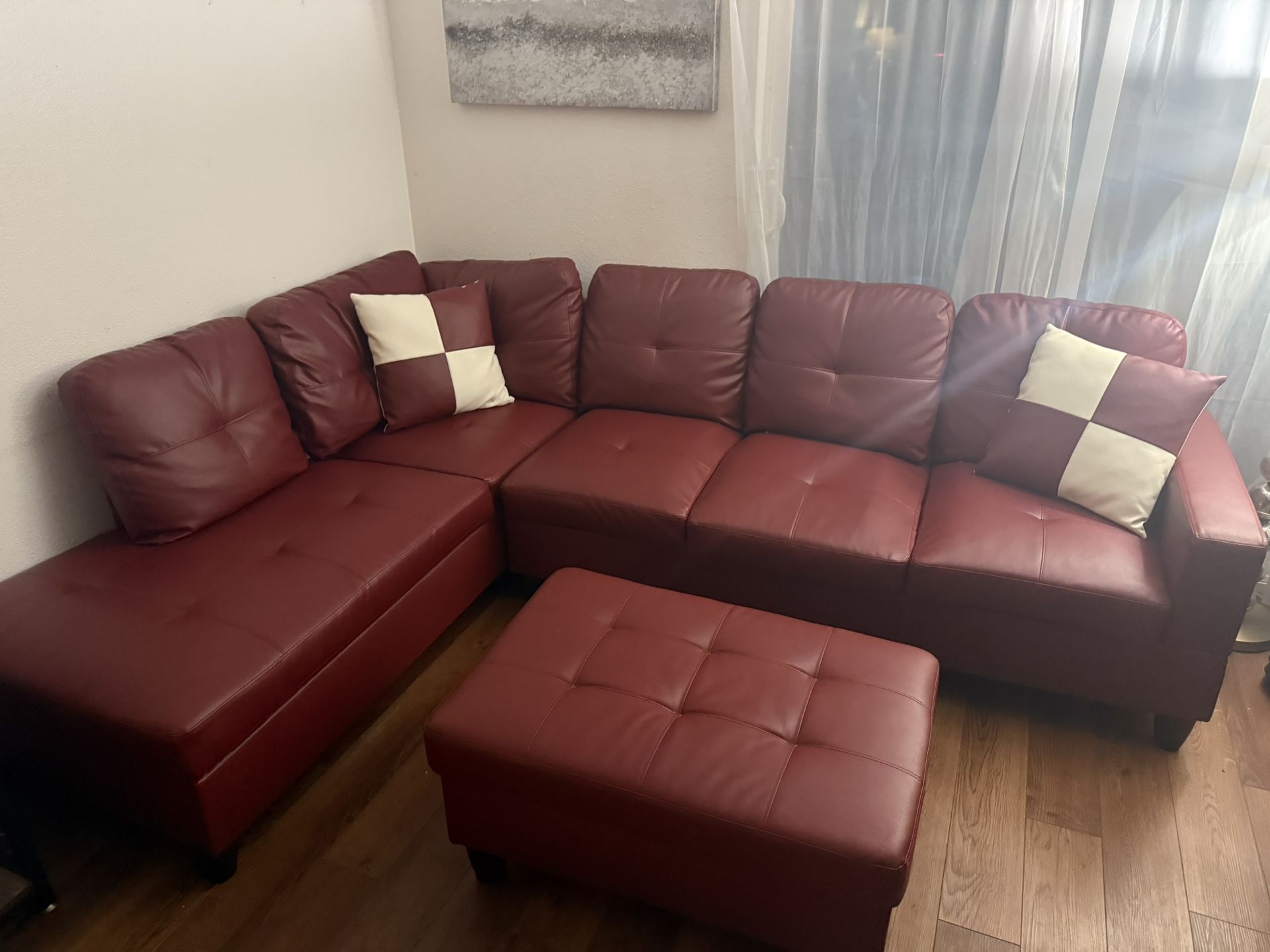 Burgandy/Wine Sectional + 2 Decorative Pillows & Ottoman Included