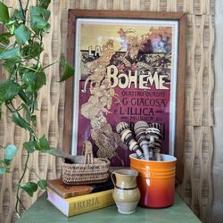 Vtg La Boheme Poster Large Wood Frame Puccini Opera Red Bold Boho French Graphic Decor Cottage Chic 