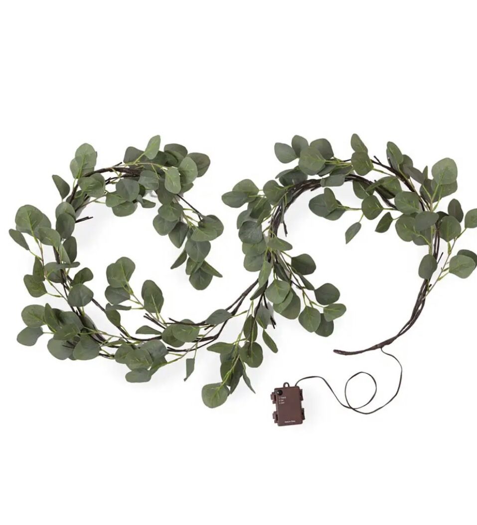 Plow & Hearth Indoor/Outdoor Battery-Operated Lighted Green Eucalyptus Garland