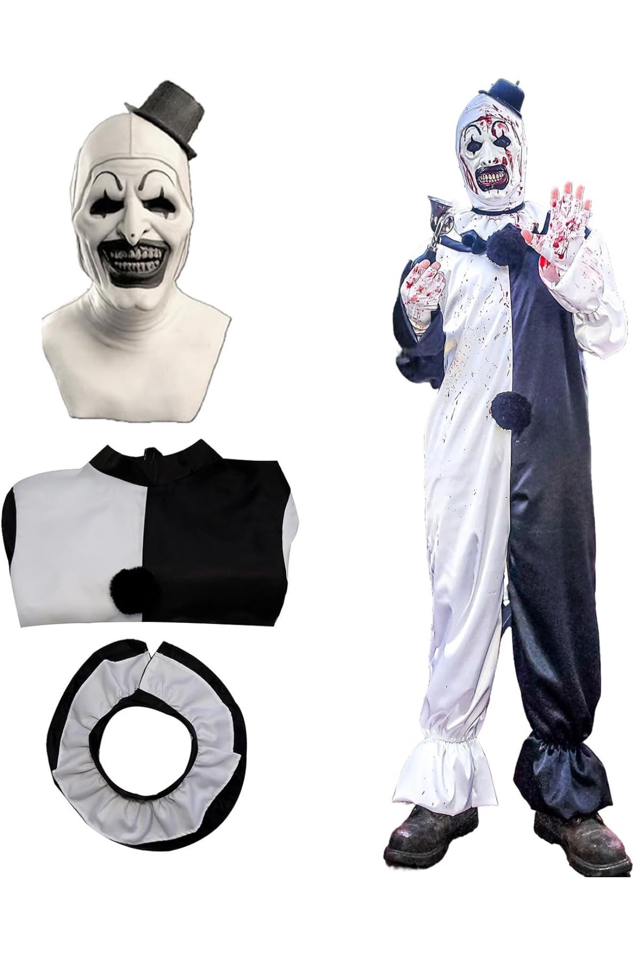 Terrifying Killer Clown Jumpsuit: Adult White and Black Bodysuit with Mask 