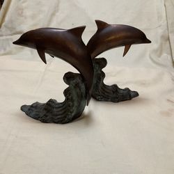 Vintage solid broze dolphins riding the waves bookends  *set of 2