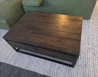 Dark Wood Coffee Table with 4 Drawers & Metal Frame - Great Condition!