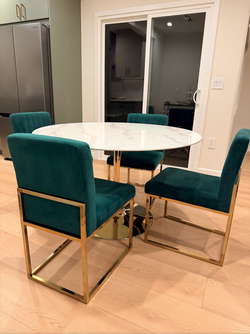 Marble Top Round Dining Set – Emerald Green & Gold Chairs
