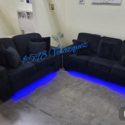 ✅️✅️2 pc black chenille fabric sofa and love seat set with square arms LED lighting✅️