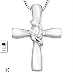 14k White Gold Cross Pendant With 1/10 carat Diamond 