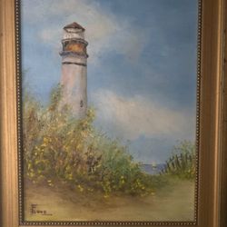 The Lighthouse, Sailboat On Water, Fence & Bushes Acrylic On Woodboard Signed By Flood 9.5 x 11.5" Framed Painting