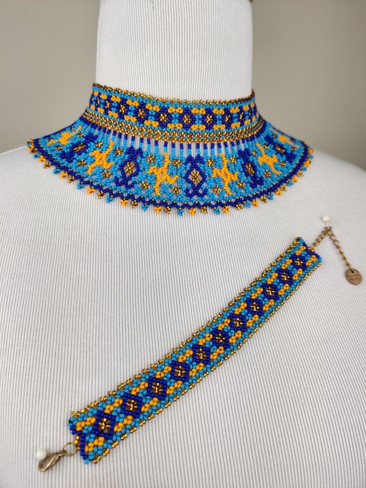 Handmade Beaded Necklace Choker and Bracelet Set Ethno Boho