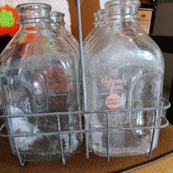 Vintage Half Gallon Milk Bottles With Metal Crate