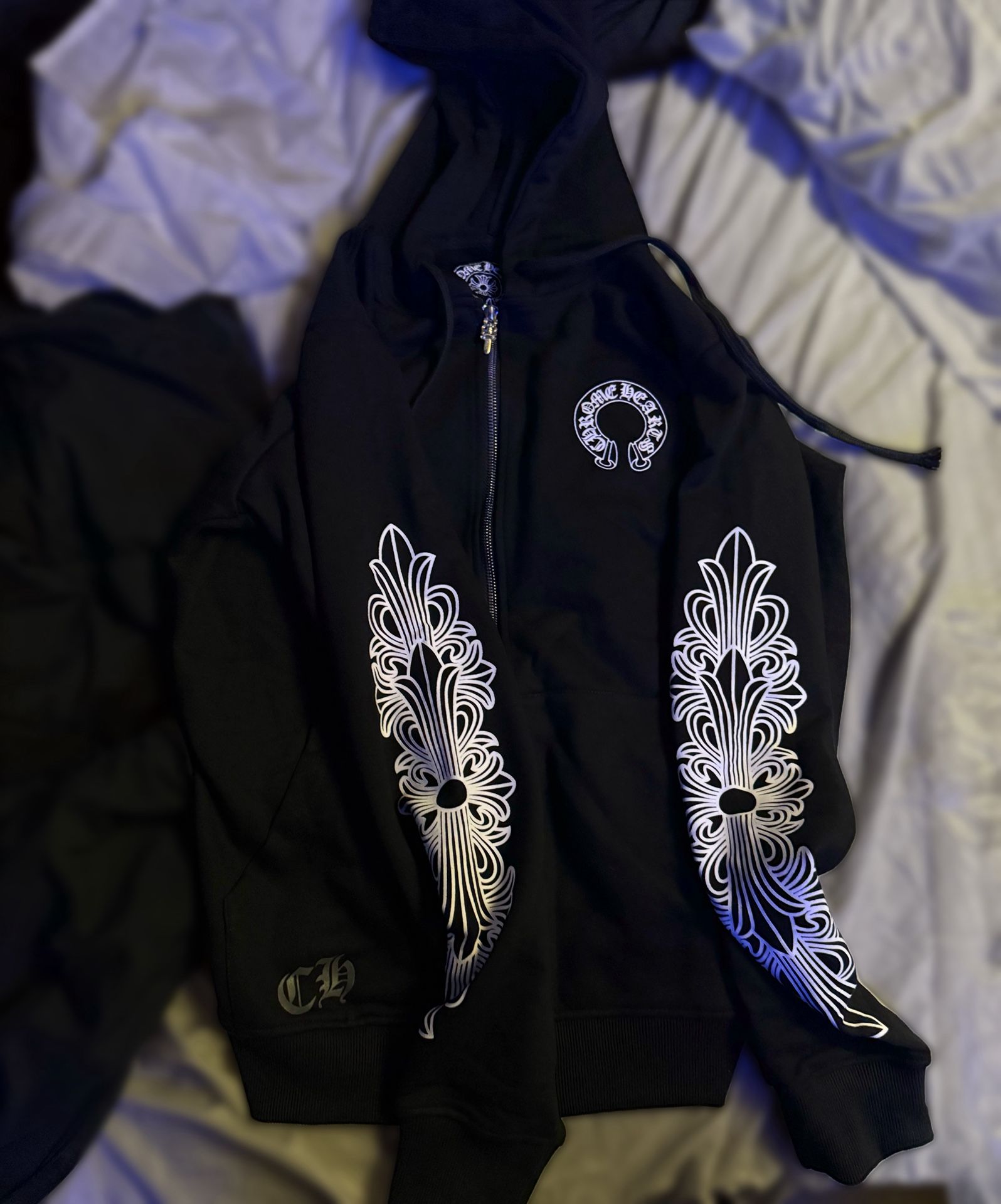 CHROME HEARTS FLORAL CROSS SLEEVE ZIP UP HOODIE