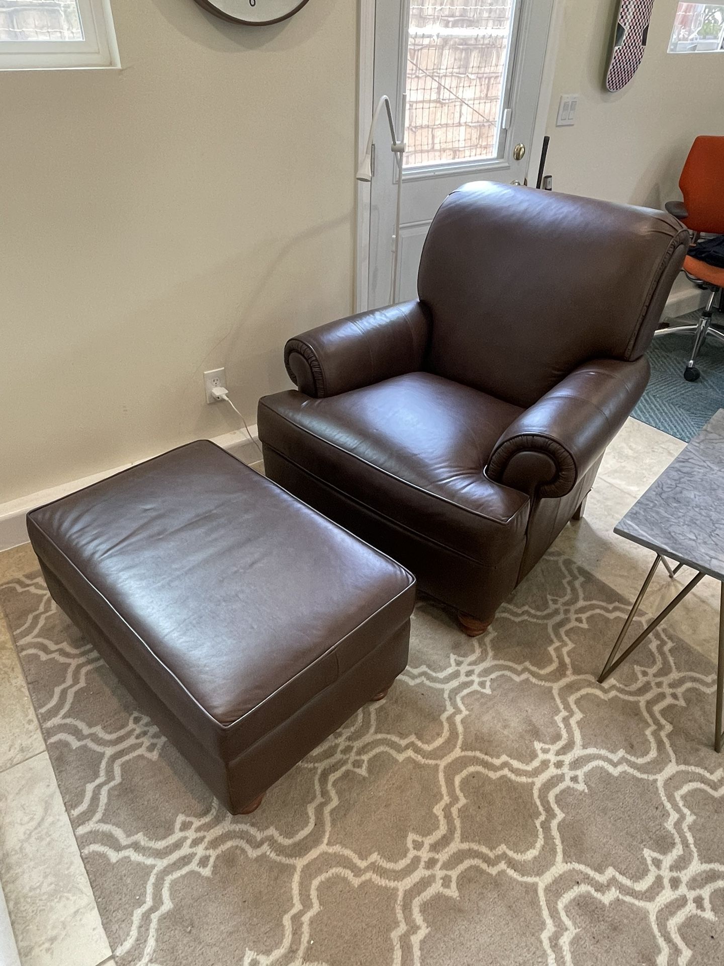 Ethan Allen Leather Arm Chair And Ottoman