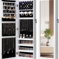 6 LEDs Mirror Jewelry Cabinet, Large Capacity Lockable Jewelry Armoire Organizer, Door or Wall Mounted Mirror with Jewelry Storage, Christmas Gifts, W