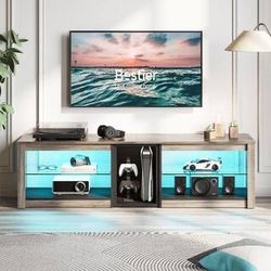 63 in. Wash Grey TV Stand Fits TVs up to 70 in. LED Entertainment Center with Adjustable Glass Shelves