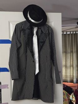 Adult 1920s Gangster Costume Set – Pinstripe Jacket, Fedora Hat & White Tie. Size  XL