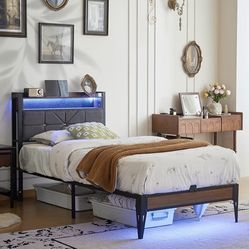 Twin Size Bed Frame with Headboard, Upholstered Platform Bed Frame with Charging Station, Dual LED Light Strips, 2-Tier Storage Shelves, Heavy Duty Me