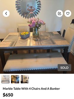 beautiful marble-top table, 4 matching chairs, and a stylish bench (banquette). Perfect for adding a modern, luxurious touch to any dining room or kit