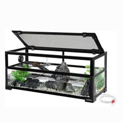 REPTIZOO 18 Gallon Turtle Tank Aquarium, 30"×12"×12" Tortoise Habitat Water-Land Ecological Turtle Tank With Drainage System Aquatic Aquarium