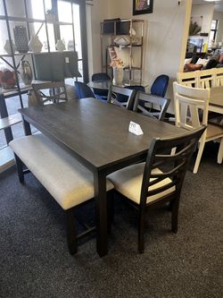 Grey Wooden Dining Set With 4 Chairs And Bench 