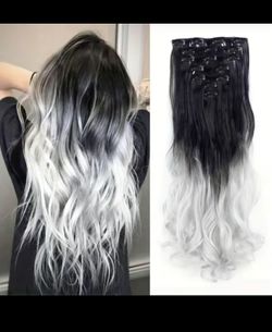 Brand New 8 Pcs Clip In Hair Extension 22 Inches Synthetic Long Wavy Heat Resistant Hair Pieces - Silver