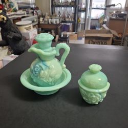 Avon "Victoriana " Vanity Set Vintage 70's To 80's In Jadeite Green Slag Glass Marbled Teal & White, Victorian Rose Motif