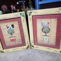 Pair of Hand Painted Rooster Topiarys $15ea. even the frames are hand painted. 