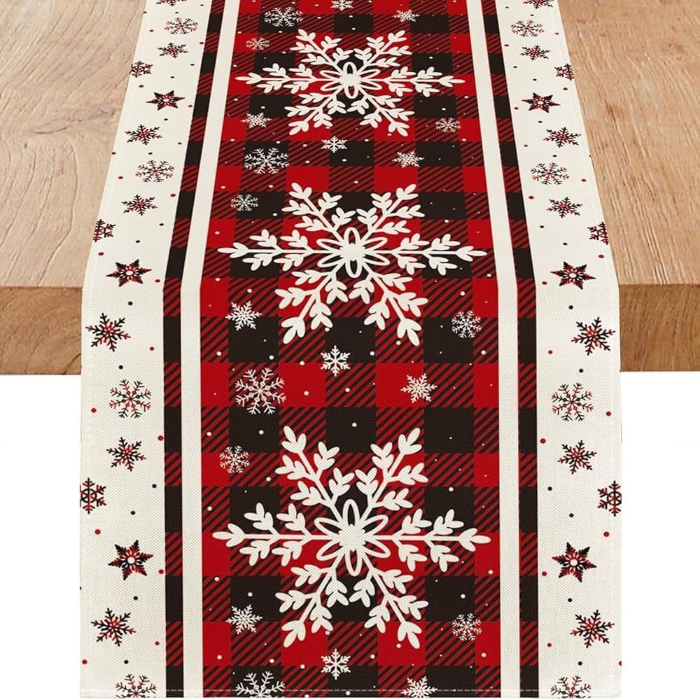 Snowflakes Christmas Table Runner with Buffalo Plaid, Winter Xmas Holiday Kitchen Dining Table Decoration for Indoor Outdoor Home Party Decor 13 x 72