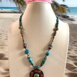 Gorgeous & Vintage Ethnic Tibetan & Navajo Style Handmade Pendant Necklace  With Coral & Turquoise Set In Silver 20”inch long.