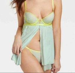 2 piece babydoll push-up sheer nightgown green yellow lace thong panty new