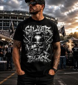 Raider Silver and Black Skulls Football Tee Shirt