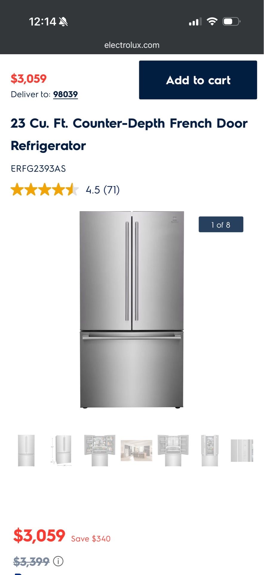 Electrolux counter depth stainless steel fridge - 36”