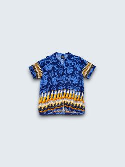 Corona Extra Men Button Up Shirt Large Blue Floral Beer Short Sleeve