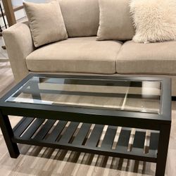 Used Like New!  Black Wooden Glass Top Coffee Table! 42” / 20”W, 18”H 