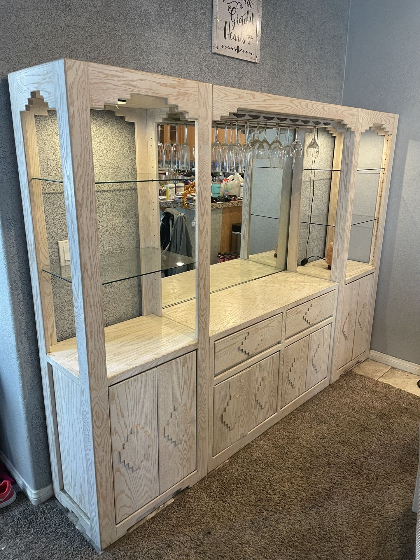 Light Wood Hutch with Mirror, Wine Rack, Cabinets and Drawers