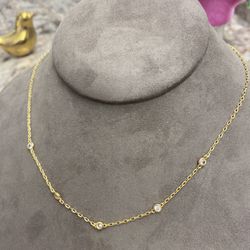 14K Gold Dipped Station Necklace Simulated Diamond Women’s CZ Chain Layering.  Length 17 - 19 inches